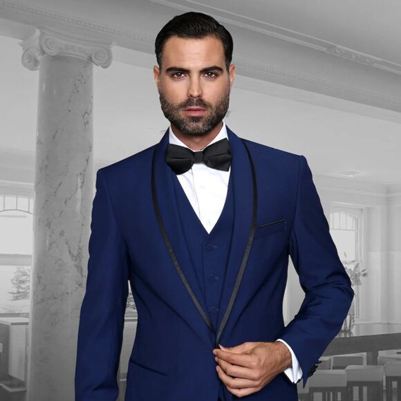 Mens Vested Wool Tuxedo in Shawl Lapel with Satin Trim in Sapphire Blue & Black - Picture 1 of 2